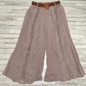 The Zig Zag Stripe Pants XL Brown High Waist Wide Leg Capri Gaucho Boho Lace